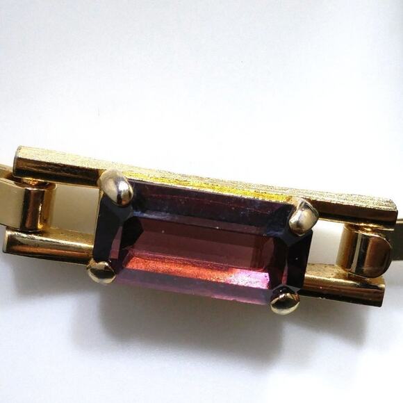 Vintage Avon Purple Faceted Glass Stone Gold Tone Hinged Bangle Bracelet 7" - Picture 4 of 8